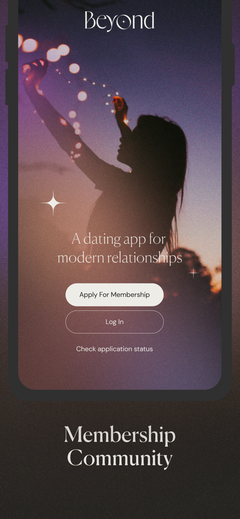 Beyond: Modern Dating App - Beyond dating app welcome screen with membership application and login options