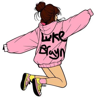 realistic girl jumping with a bun and oversized sweatshirt