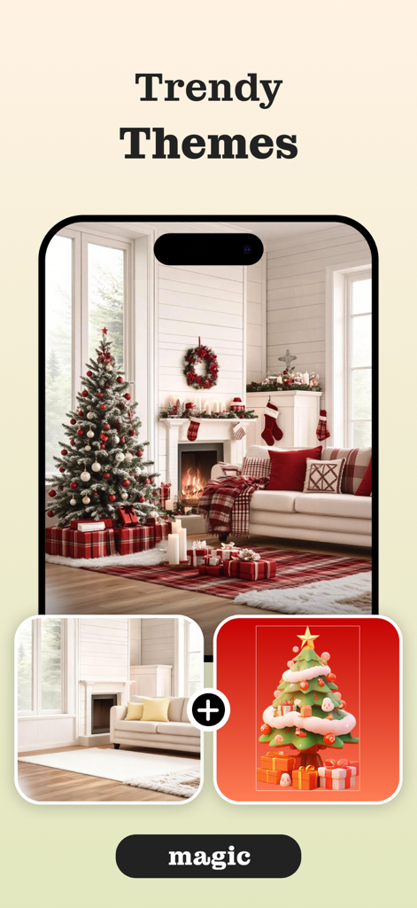 Homely AI - Interior Design - Interface do aplicativo de IA mostrando uma sala de estar minimalista transformada com um tema natalino festivo, incluindo uma árvore e decorações