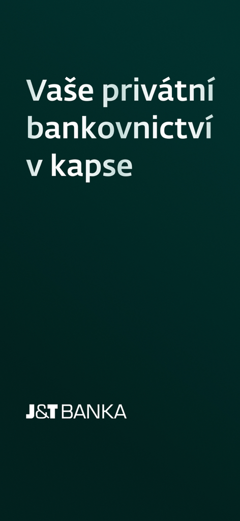 JT Banka mobile app promotional screen with Czech text Your private banking in your pocket.