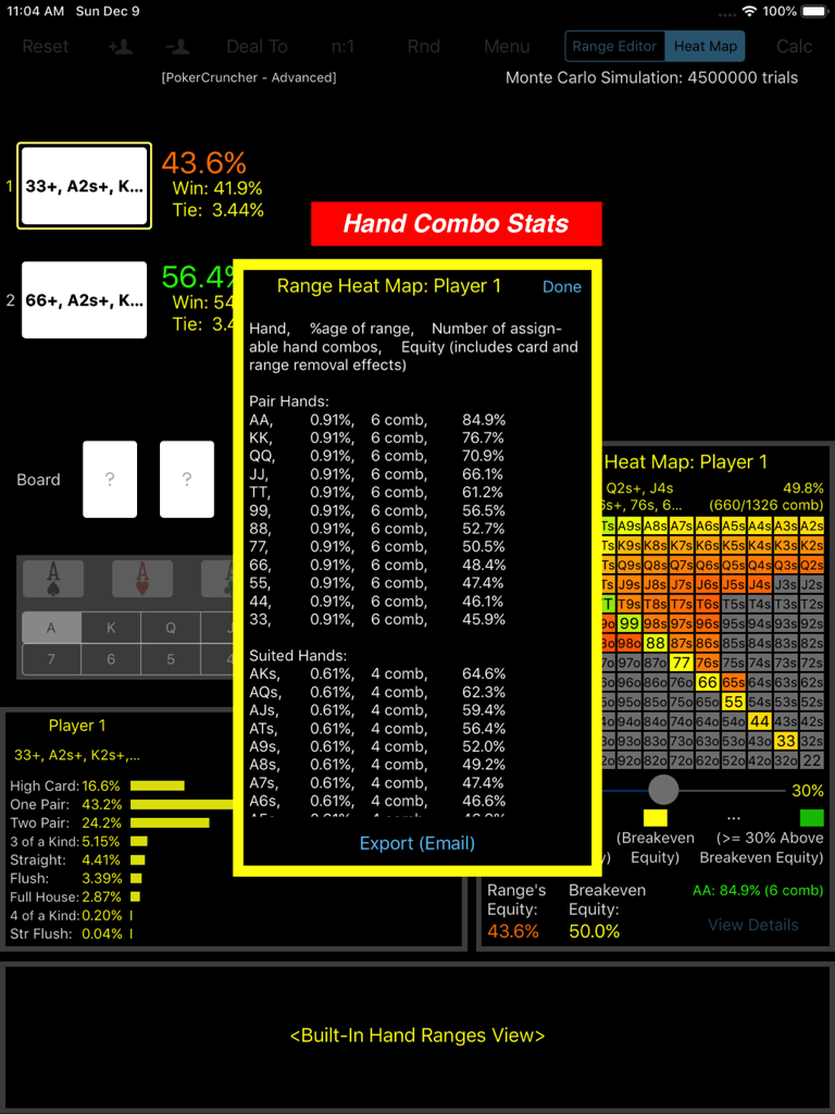 PokerCruncher for iPad - Adv - PokerCruncher for iPad showing advanced hand range heat map and professional poker combo statistics