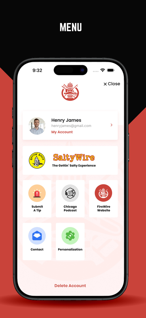 The menu screen of the Fire Wire App showing user profile settings, podcast links, and incident reporting options.
