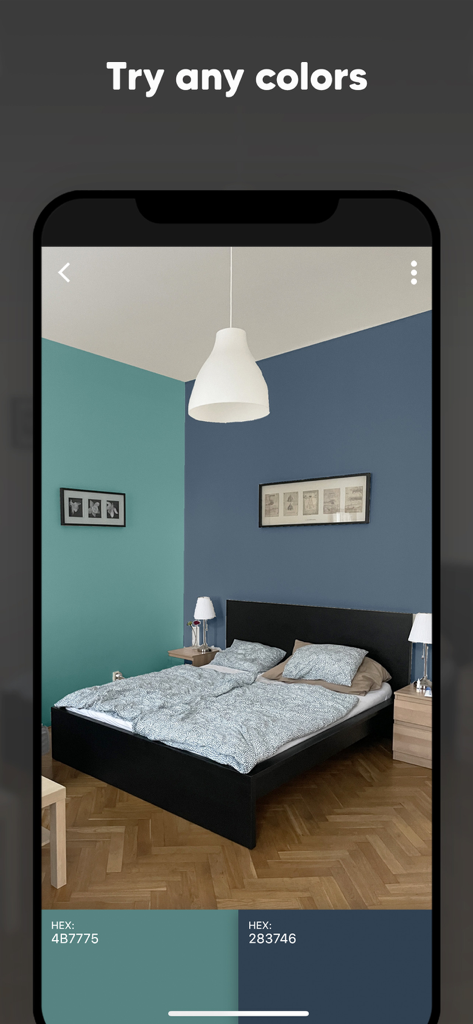 Une visualisation de chambre dans l'application Paint my Room montrant deux murs peints en bleu sarcelle et bleu marine avec leurs codes hexadécimaux.