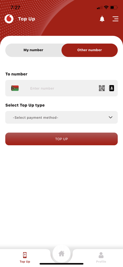 My Vodafone Vanuatu - A mobile app screen for My Vodafone Vanuatu showing options to top up credit for a phone number.