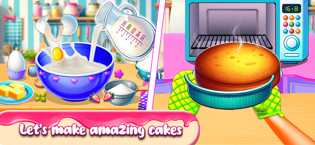 A split screen showing ingredients being mixed in a bowl and a freshly baked cake being taken out of an oven with oven mitts.