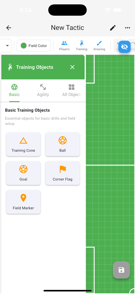 Soccer Tactics Board Pro - Interface of a soccer coaching app showing a menu of training objects like cones, balls, and goals on a green field layout.