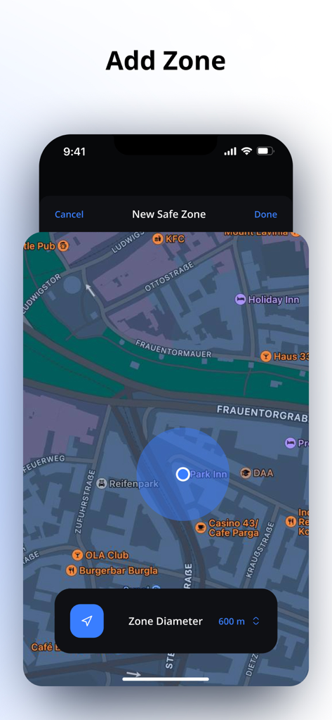 Shadow: Apps Restrictions - Interface for setting up a location-based Safe Zone on a map to block distracting apps automatically.