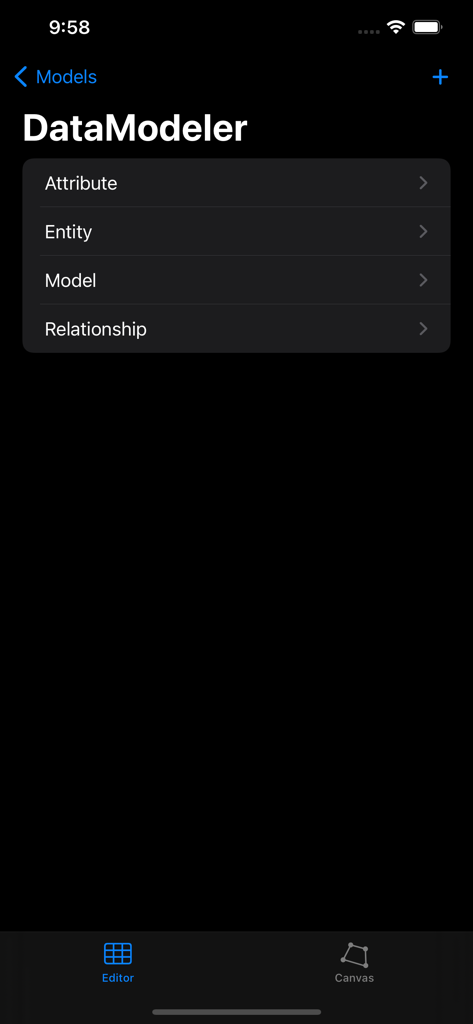 Menú del editor de Data Modeler que muestra las opciones Atributo, Entidad, Modelo y Relación en una interfaz oscura.