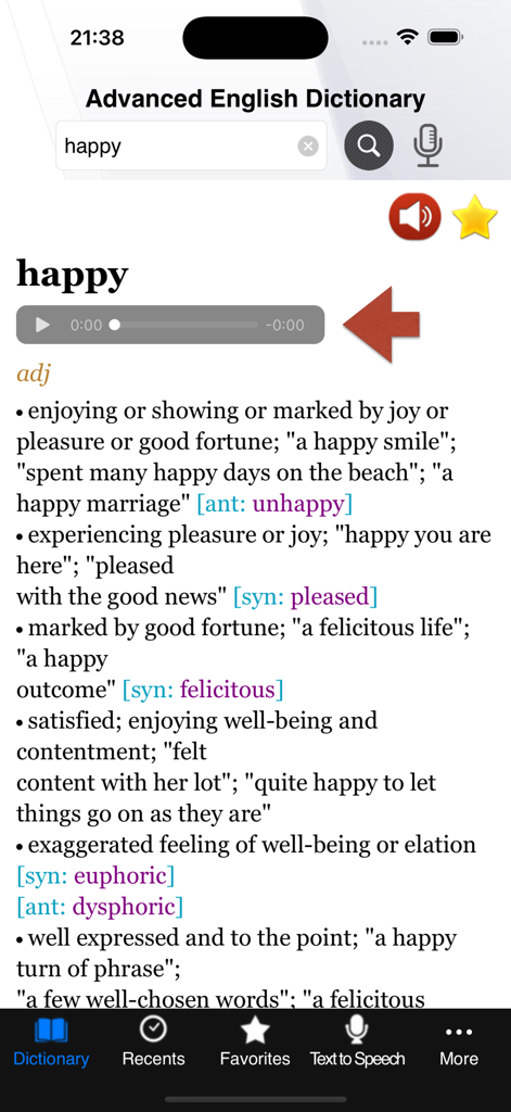 Advanced English Dictionary app screen showing the definition and audio pronunciation for the word happy
