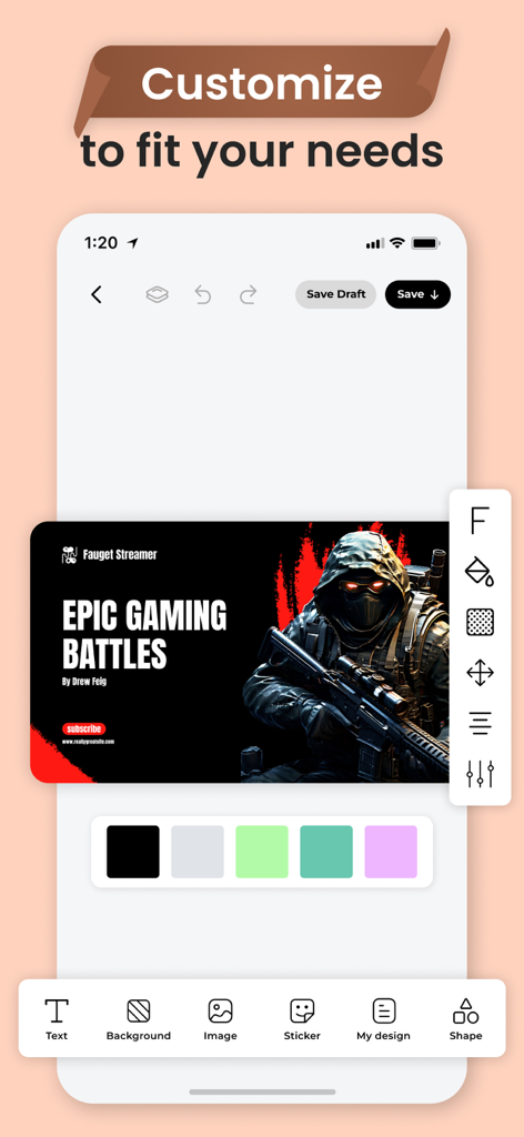 Thumbnail Maker For YT studios - Una interfaz de aplicación móvil que muestra opciones de personalización para una miniatura de YouTube de juegos