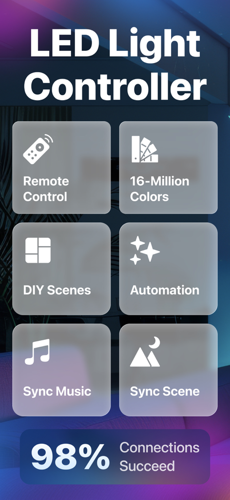 Overview of Led Light Controller app features including remote control, 16 million colors, and music synchronization