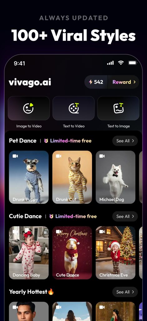 Interface of Vivago.ai app showing viral AI video templates and creative tools like text to video.