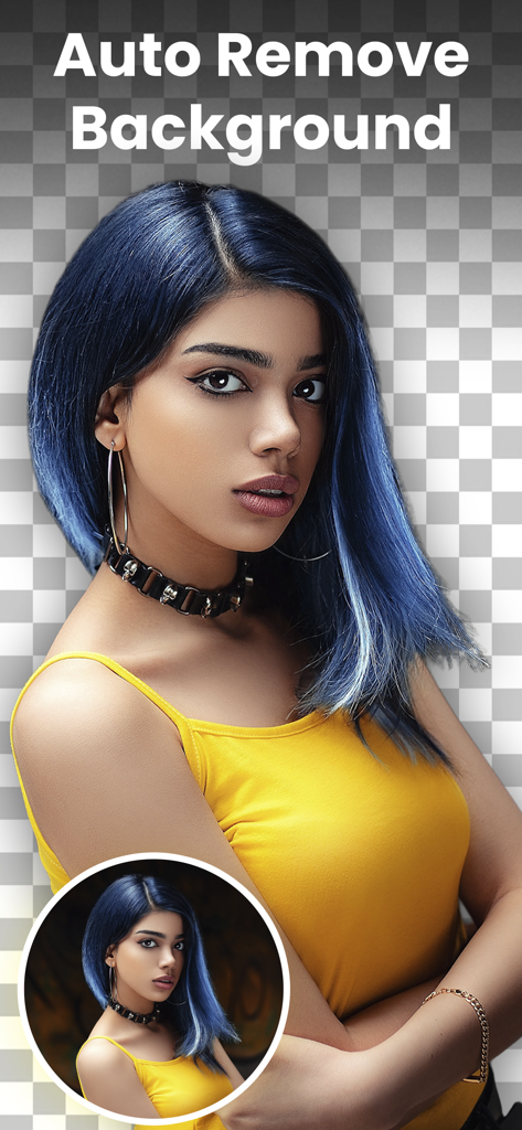 Remove & Change Background - A young woman with blue hair on a transparent checkerboard background showing the auto remove background feature