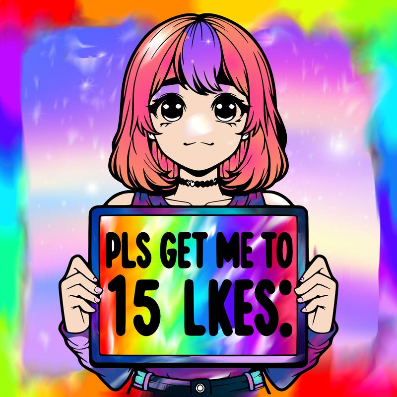 realistic girl holding up a sign that says “pls get me to 15 likes!”