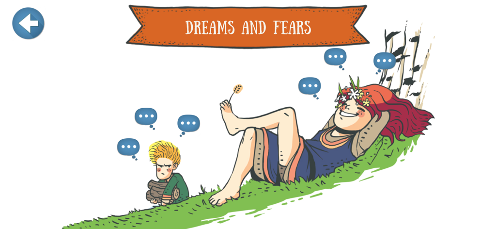 Time Travel Trondheim - Illustration of historical children characters on a grassy hill from the Time Travel Trondheim educational app