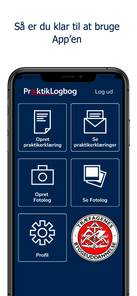 PraktikLogbog - Main menu screen of the PraktikLogbog app showing options for creating internship declarations and photo logs