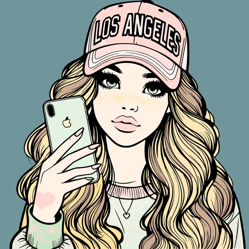 realistic beautiful girl wearing los ángeles cap holding an iphone