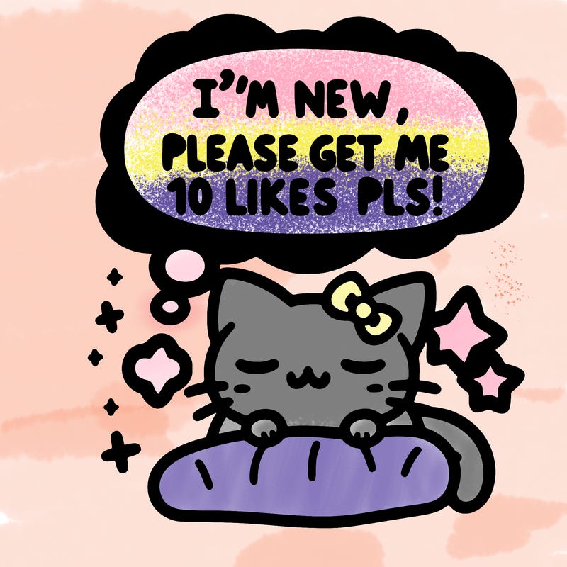 kitty taking a nap dream talking and saying "i'm new, please get me at least 10 likes pls!!"