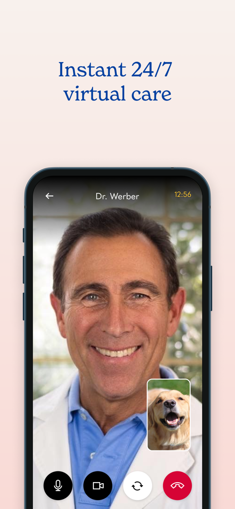 Smartphone screen showing a 24/7 virtual vet video call with a licensed veterinarian and a happy dog