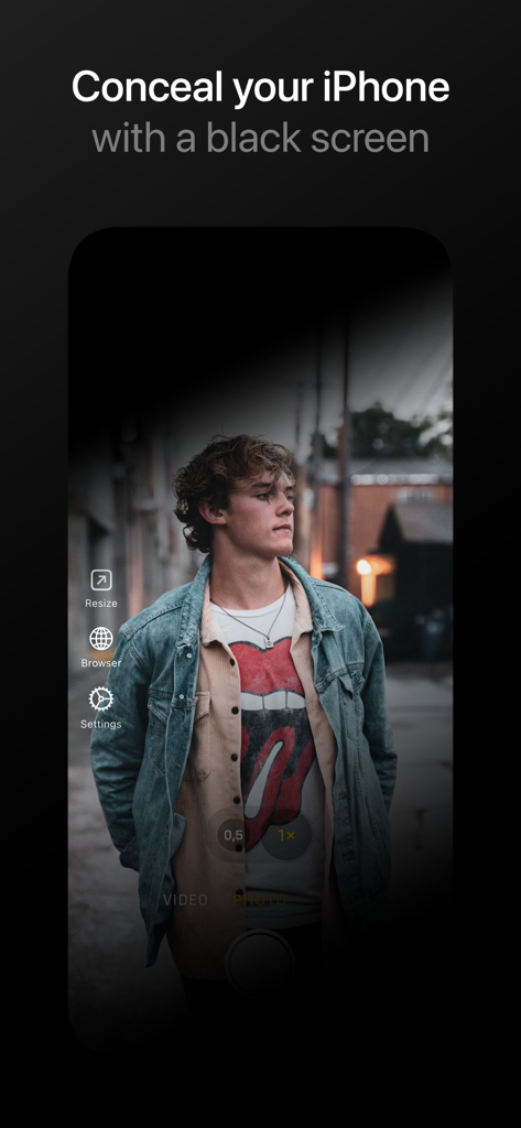 SCamera Pro - Aplicación SCamera Pro mostrando una pantalla negra superpuesta para captura de vídeo discreta en iPhone