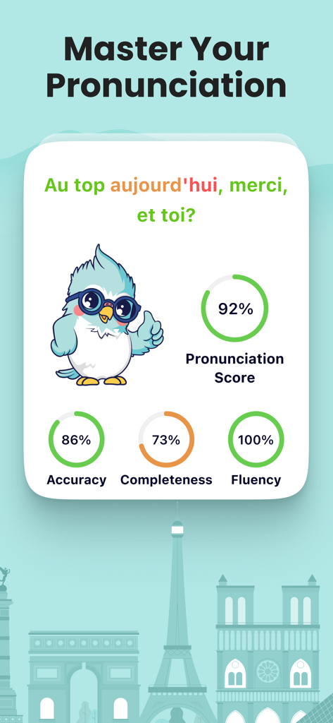 Speak&Practice: Kippy AI Tutor - Kippy AI Tutor app screen showing pronunciation scores for accuracy, completeness, and fluency in French.