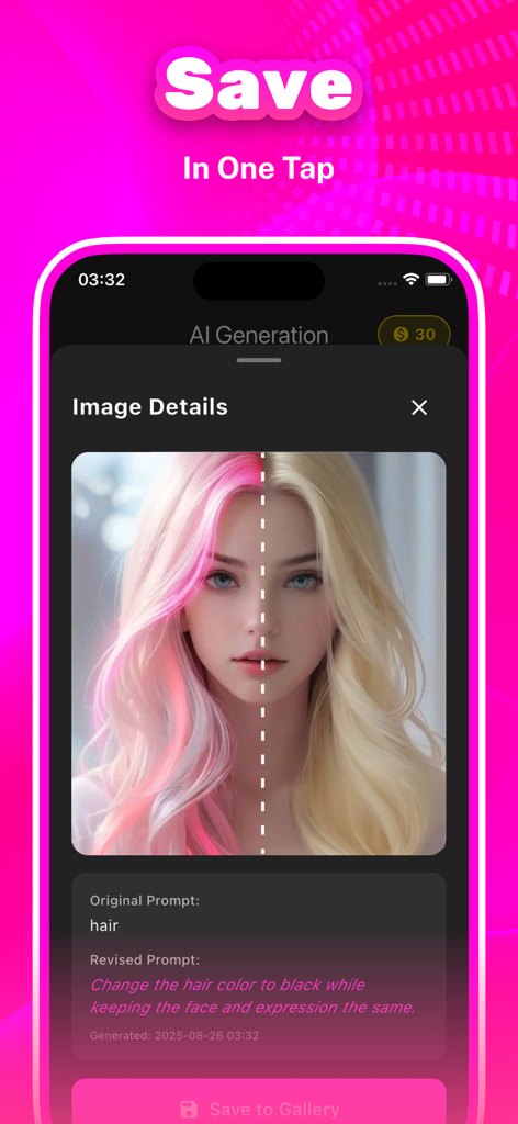 HaloHub - Interface of the HaloHub app showing a split-screen AI hair color transformation with a save to gallery button.
