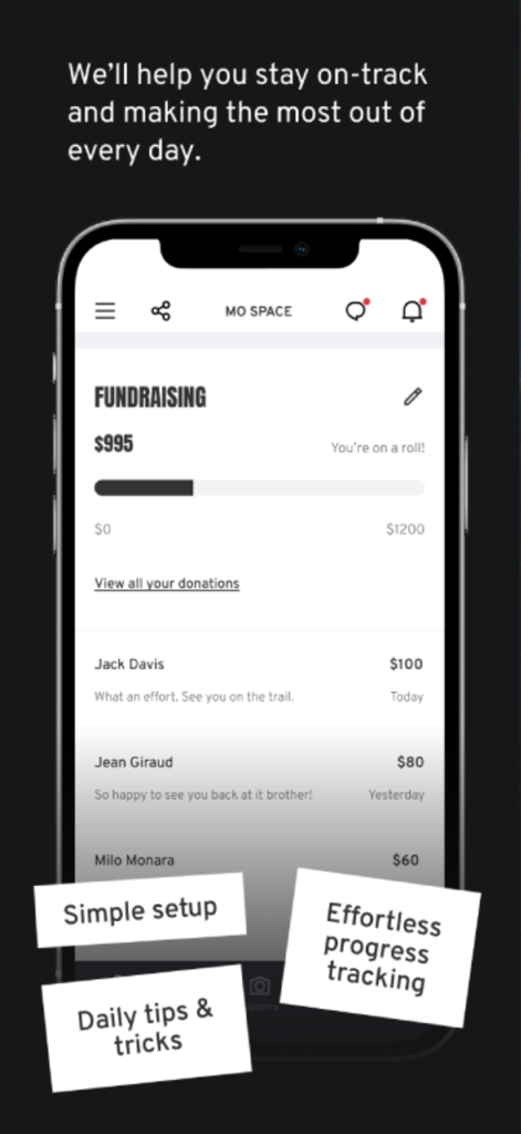 Movember - Dashboard dell'app Movember che mostra la barra di avanzamento della raccolta fondi e l'elenco delle donazioni recenti