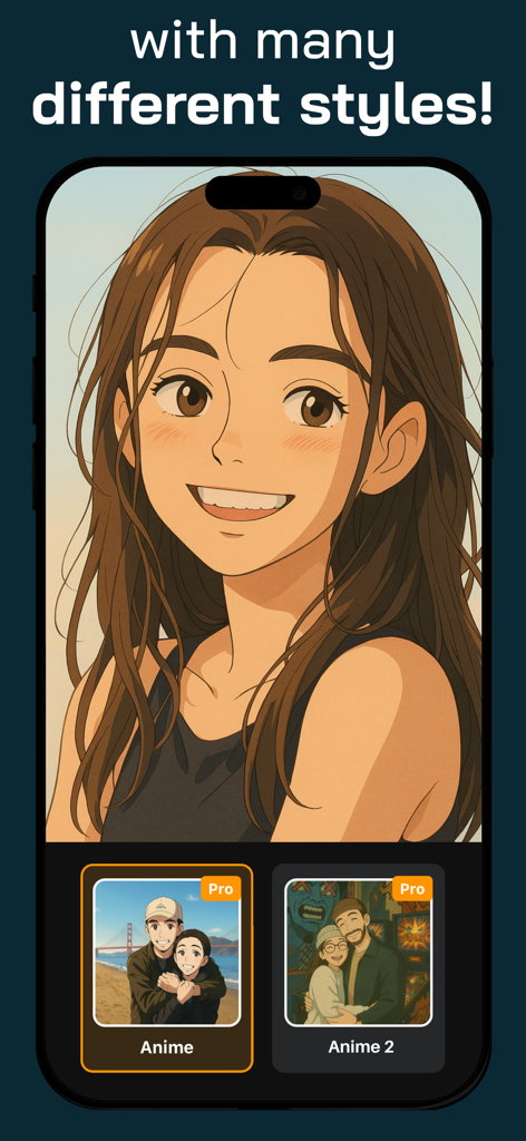 Lova - Anime Filter - Pantalla de smartphone mostrando la aplicación Lova con diferentes estilos de filtro de anime y un retrato estilo anime