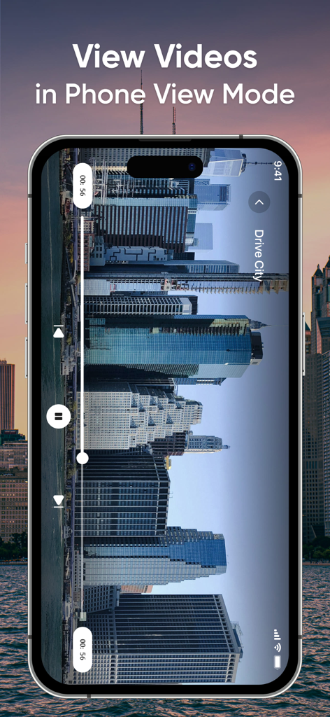 Captura de pantalla de VR Video Player mostrando un paisaje urbano en modo de vista de teléfono