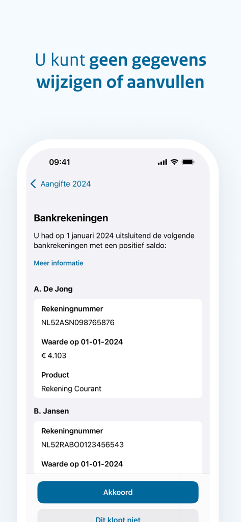 Aangifte Inkomstenbelasting app interface showing pre-filled bank account balances for review