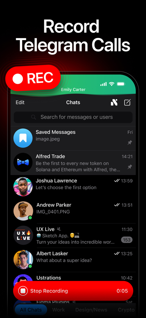 Nicegram: Web3 for Telegram X - Nicegram app interface showing the record telegram calls feature with an active recording indicator
