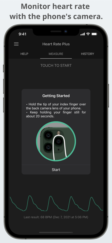 Interface of Heart Rate Plus app explaining how to measure heart rate using the phone camera lens