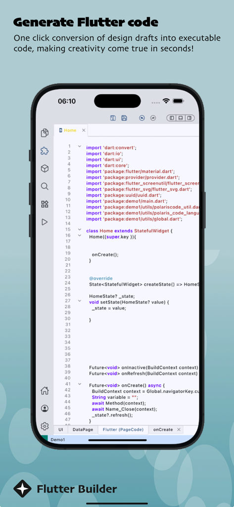 Flutter Builder - Flutter Builder mobile interface showing generated Dart code for a stateful widget on an iPhone