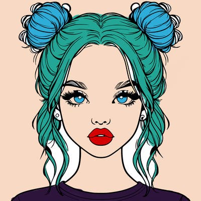 realistic girl with two buns in hair and lips