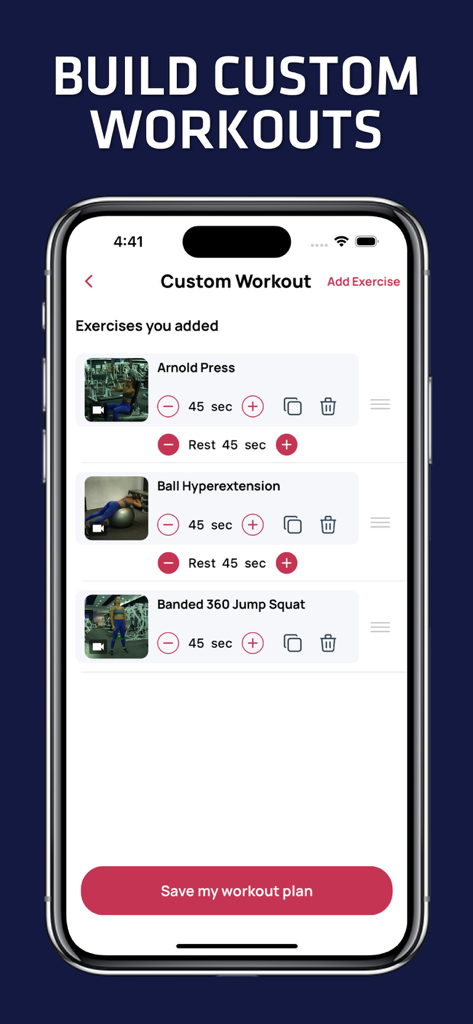 Interfaz del creador de rutinas personalizadas en la app Rutina de Core y Abdominales para Mujeres.