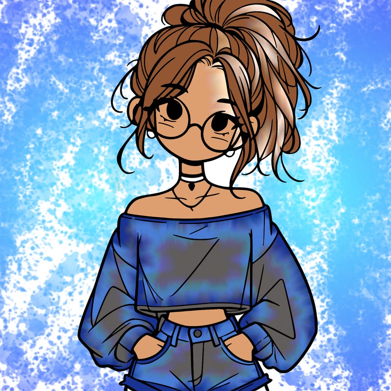 girl with a messy ponytail glasses a baggy crop top and jean shorts