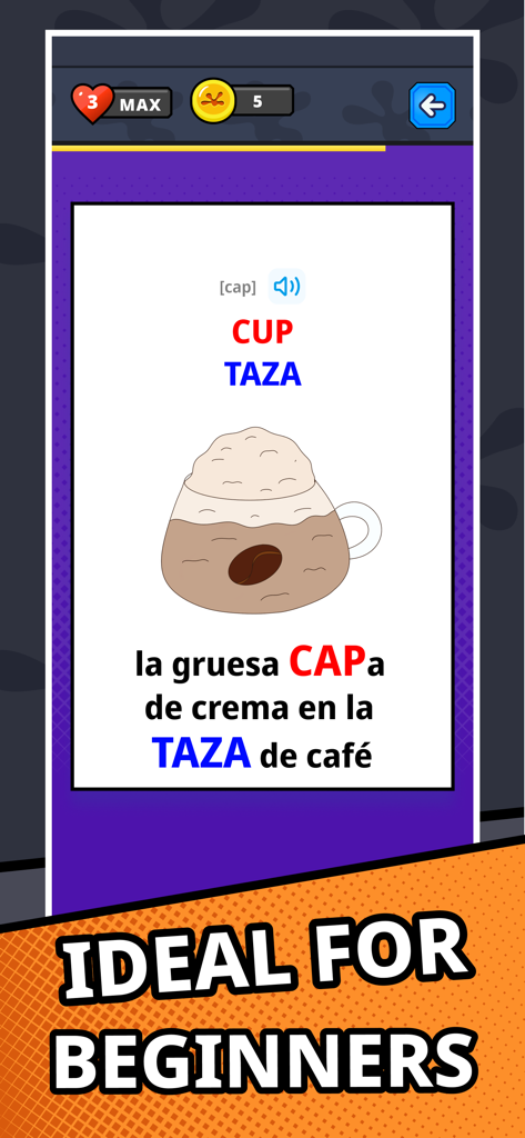 Easy Lizzy: English words - Easy Lizzy app screenshot showing a visual mnemonic for beginners learning the English word cup
