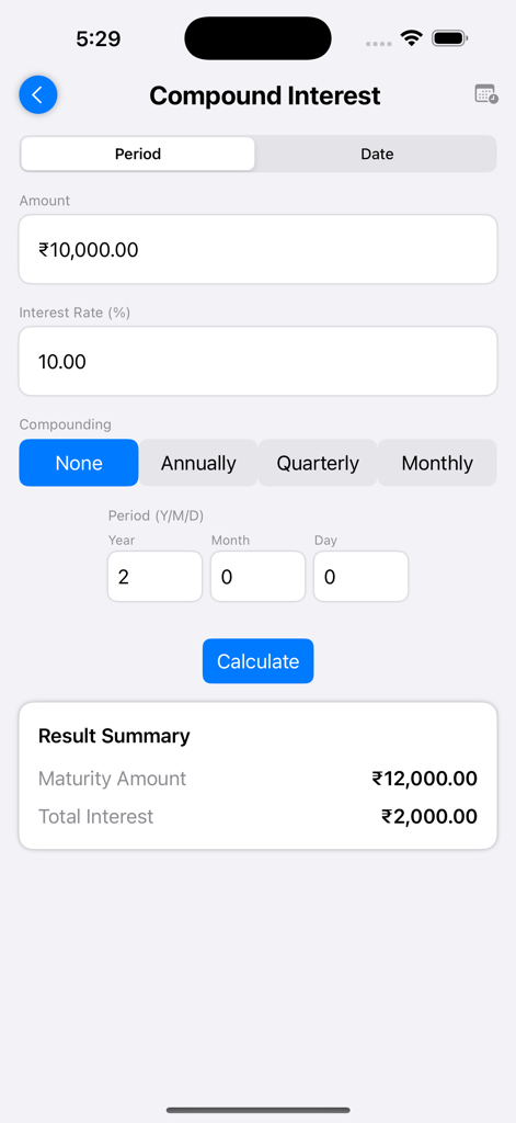 Loan Calc: Easy EMI Calculator - Compound interest calculator screen in the Loan Calc app showing a calculation result.