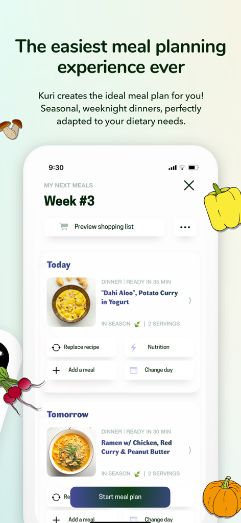 Recipe Keeper & Planner - Kuri - Écran de smartphone montrant le planificateur de repas hebdomadaire de l'application Kuri avec des recettes de dîner saisonnières comme le curry de pommes de terre et le ramen