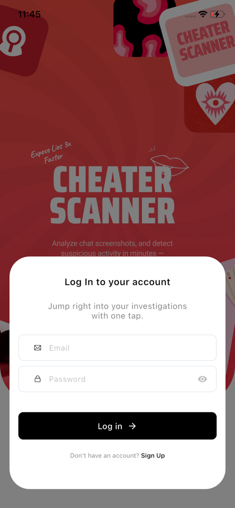 Login screen of the Cheater Scanner app for AI relationship analysis