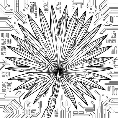 Discover a captivating blend of nature and technology with our Cyberpunk Fan Palm Leaf coloring page, featuring intricate wiring and robotic elements. This unique design offers a thrilling journey into a futuristic world, waiting for your creative touch.