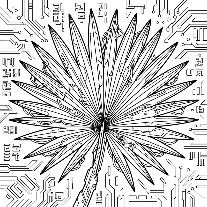 Discover a captivating blend of nature and technology with our Cyberpunk Fan Palm Leaf coloring page, featuring intricate wiring and robotic elements. This unique design offers a thrilling journey into a futuristic world, waiting for your creative touch.