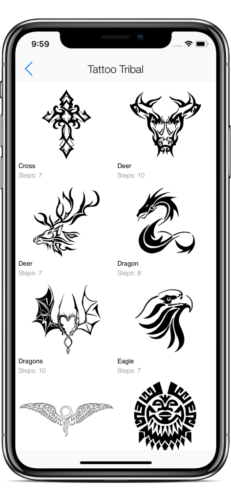 Draw Tattoo - Full Version - Uma interface móvel exibindo modelos de design de tatuagem tribal, incluindo uma cruz, cervo, dragão e águia com contagem de desenhos passo a passo.