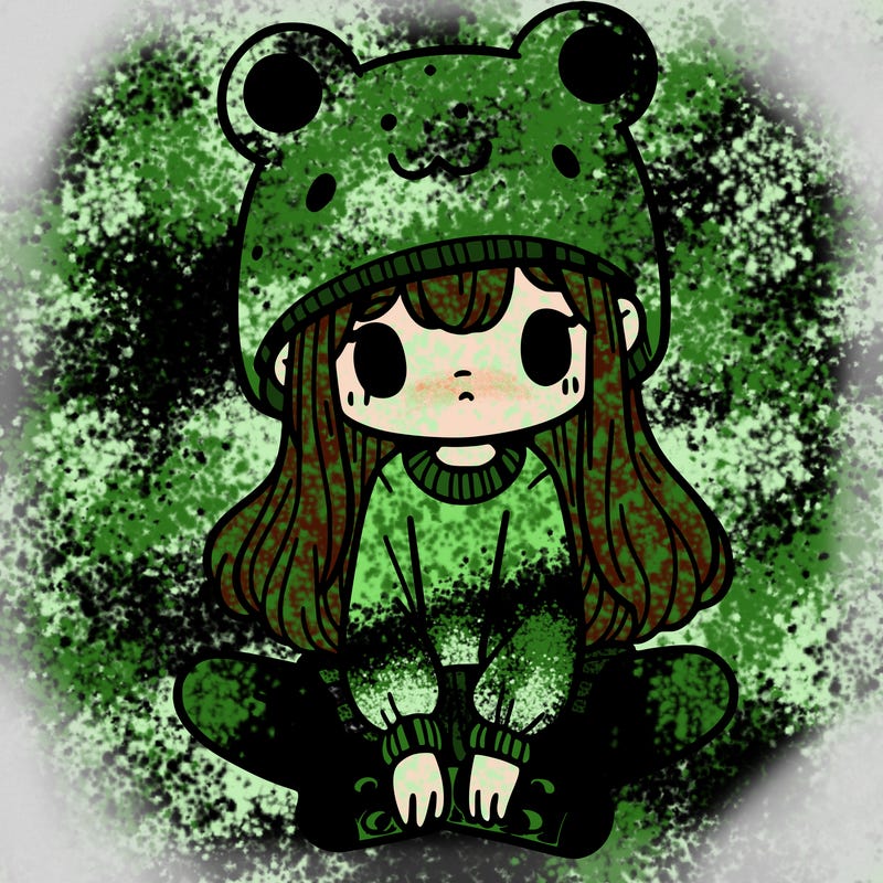 a girl wearing a frog hat and some frog socks