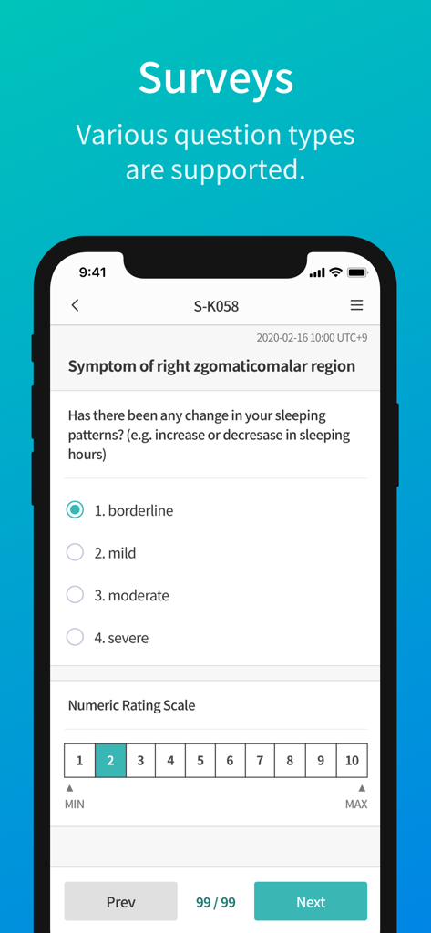 Interface d'enquête d'essai clinique sur l'application LAB.cubePRO montrant des questions sur les symptômes médicaux et une échelle d'évaluation numérique