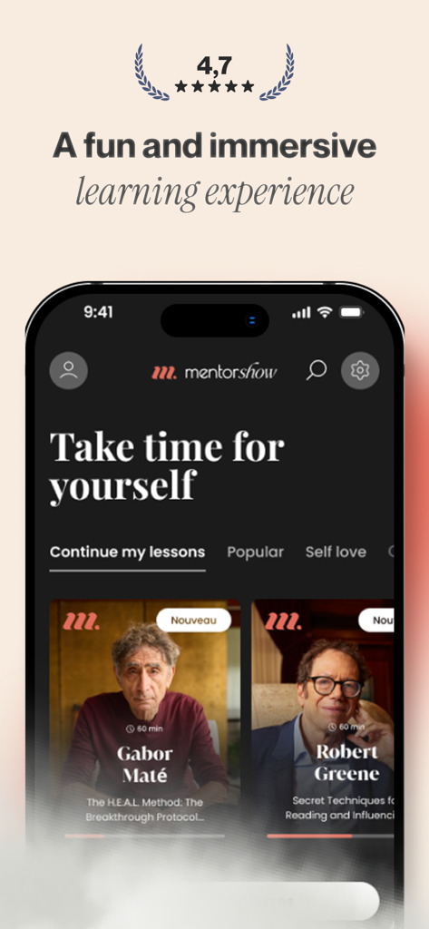 MentorShow - MentorShow mobile app home screen featuring masterclasses by Gabor Mate and Robert Greene