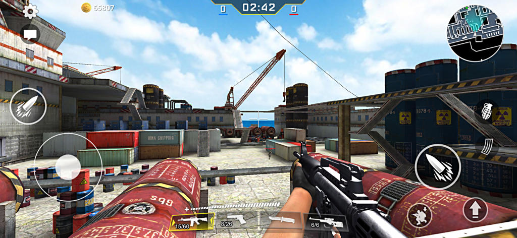 First person view of GO Strike mobile game featuring an assault rifle in an industrial port map