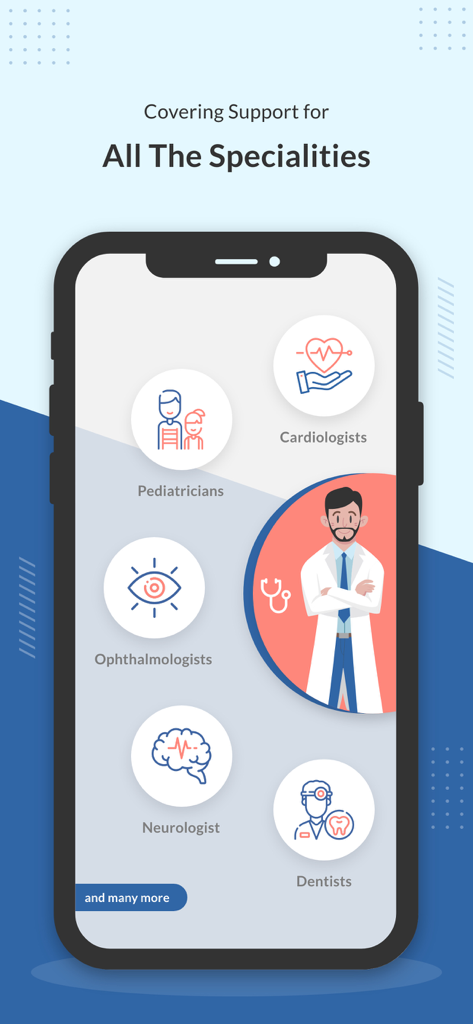 Interfaz de la aplicación KiviDoc que muestra soporte para diversas especialidades médicas como cardiólogos y pediatras.