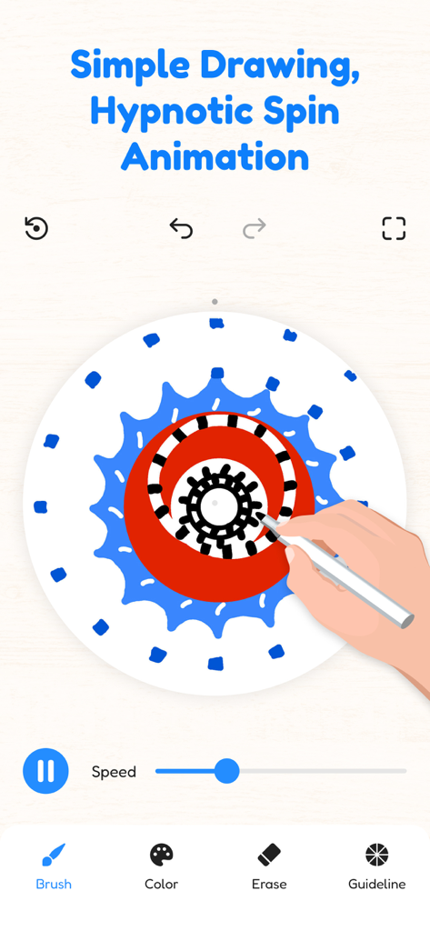 Spiral Art: Relax & Create - Una mano usando un lápiz óptico para crear patrones coloridos en un lienzo digital giratorio en la aplicación Spiral Art.