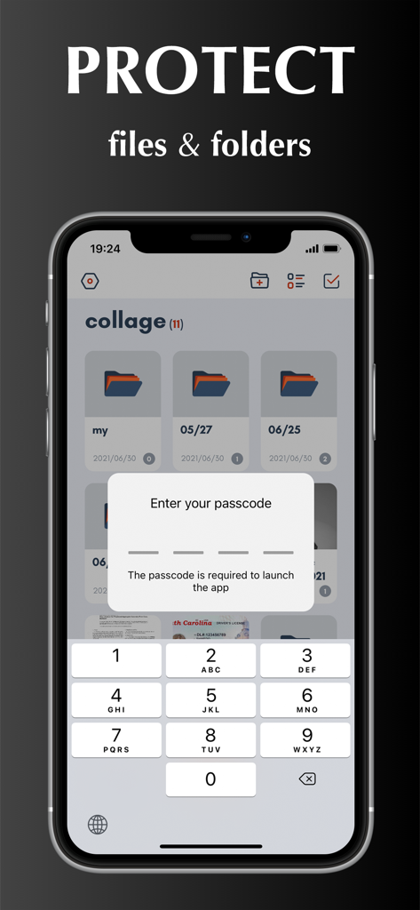 Pantalla de iPhone mostrando una función de bloqueo con código de acceso para proteger documentos y carpetas en Scanner App